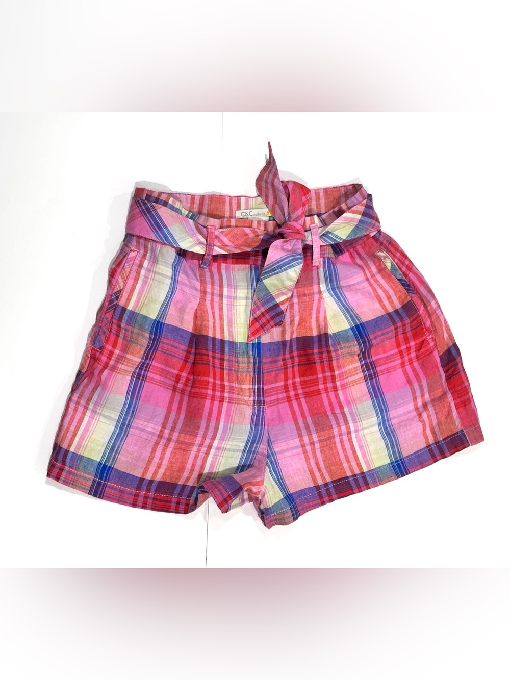 C&C California Women's 100% Linen Plaid High Rise Paperbag Shorts Coastal 8
